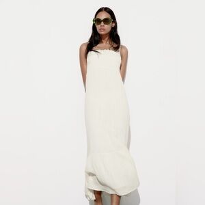 Zara, Lace Insert Chiffon Midi Dress, Ecru, M